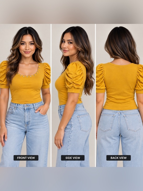 Bydesign Tops - BYdesign Mustard Gold Puff Sleeve Studded Scoop Neck Knit Top XL